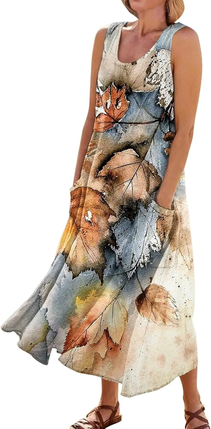FlekmanArt Womens Summer Dresses Beach Long Dress Sleeveless Elegant Flowy Dresses Plus Size Loose Dress with Pockets