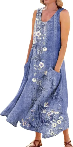 FlekmanArt Womens Summer Dresses Beach Long Dress Sleeveless Elegant Flowy Dresses Plus Size Loose Dress with Pockets