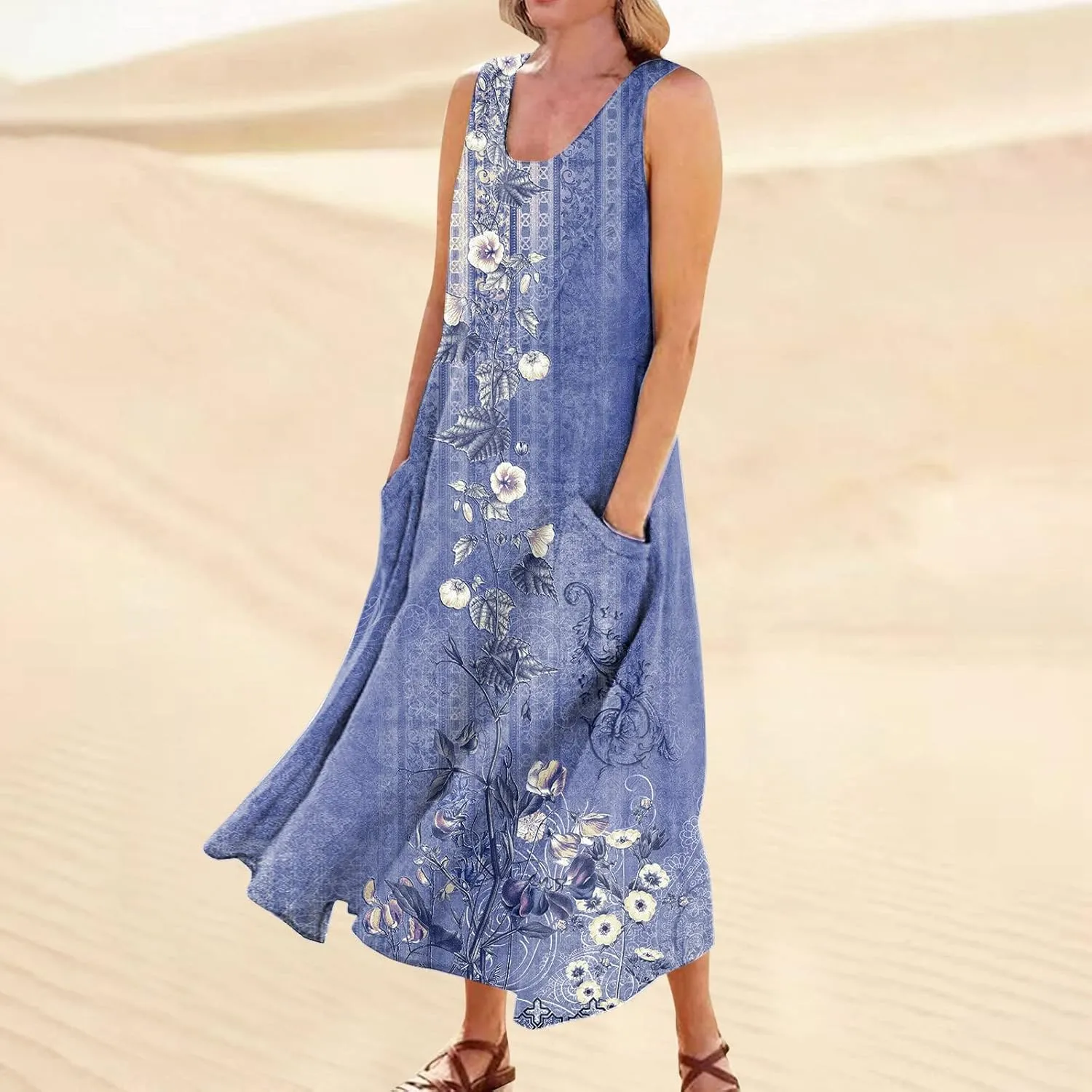 FlekmanArt Womens Summer Dresses Beach Long Dress Sleeveless Elegant Flowy Dresses Plus Size Loose Dress with Pockets