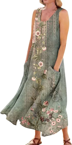 FlekmanArt Womens Summer Dresses Beach Long Dress Sleeveless Elegant Flowy Dresses Plus Size Loose Dress with Pockets
