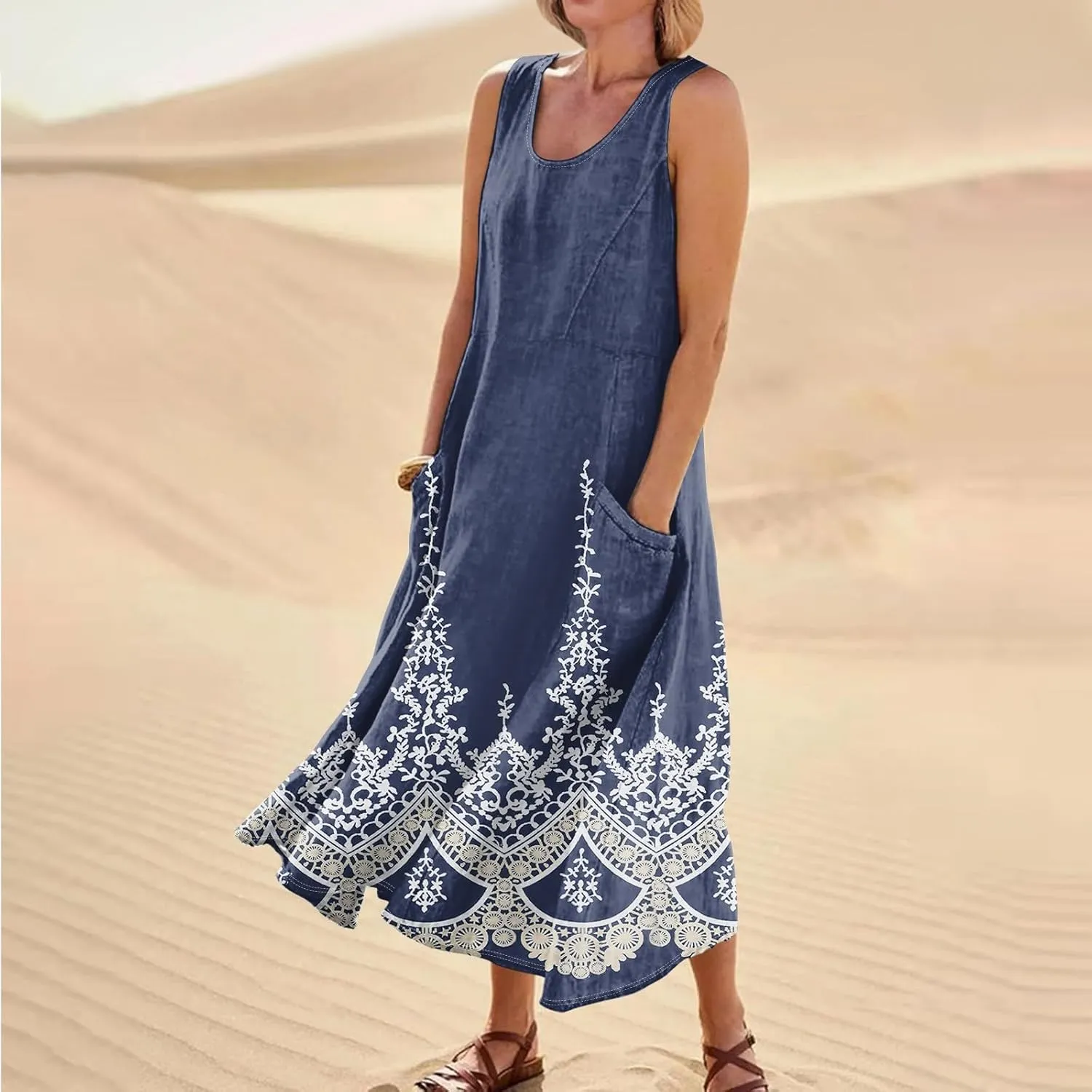 FlekmanArt Womens Summer Dresses Beach Long Dress Sleeveless Elegant Flowy Dresses Plus Size Loose Dress with Pockets