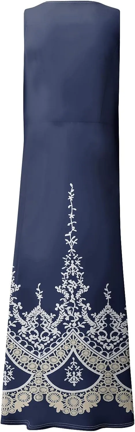 FlekmanArt Womens Summer Dresses Beach Long Dress Sleeveless Elegant Flowy Dresses Plus Size Loose Dress with Pockets