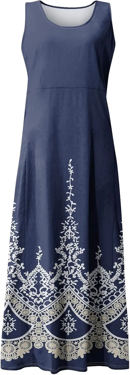 FlekmanArt Womens Summer Dresses Beach Long Dress Sleeveless Elegant Flowy Dresses Plus Size Loose Dress with Pockets