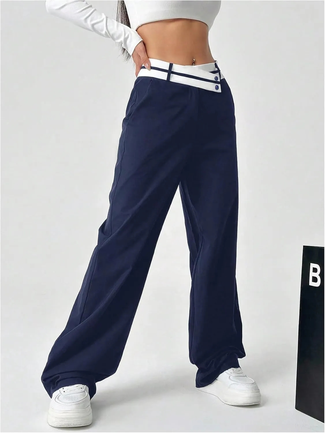 Floerns Women's Asymmetric Waist Zipper Trousers Straight Leg Pants with Pockets