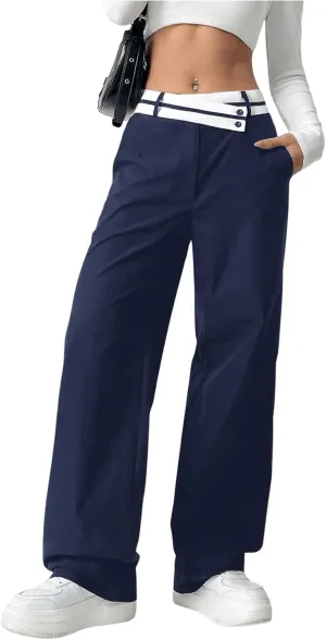 Floerns Women's Asymmetric Waist Zipper Trousers Straight Leg Pants with Pockets