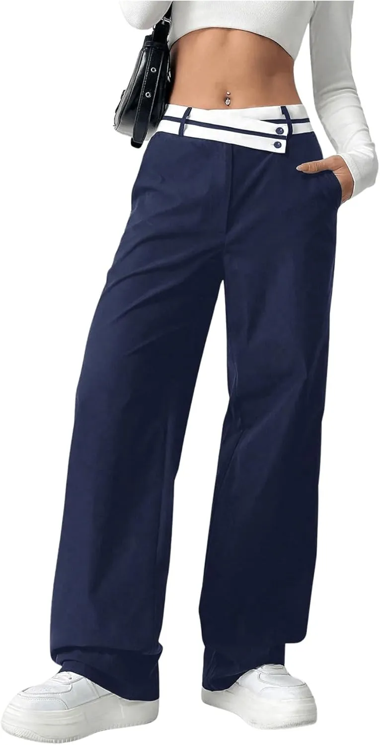 Floerns Women's Asymmetric Waist Zipper Trousers Straight Leg Pants with Pockets
