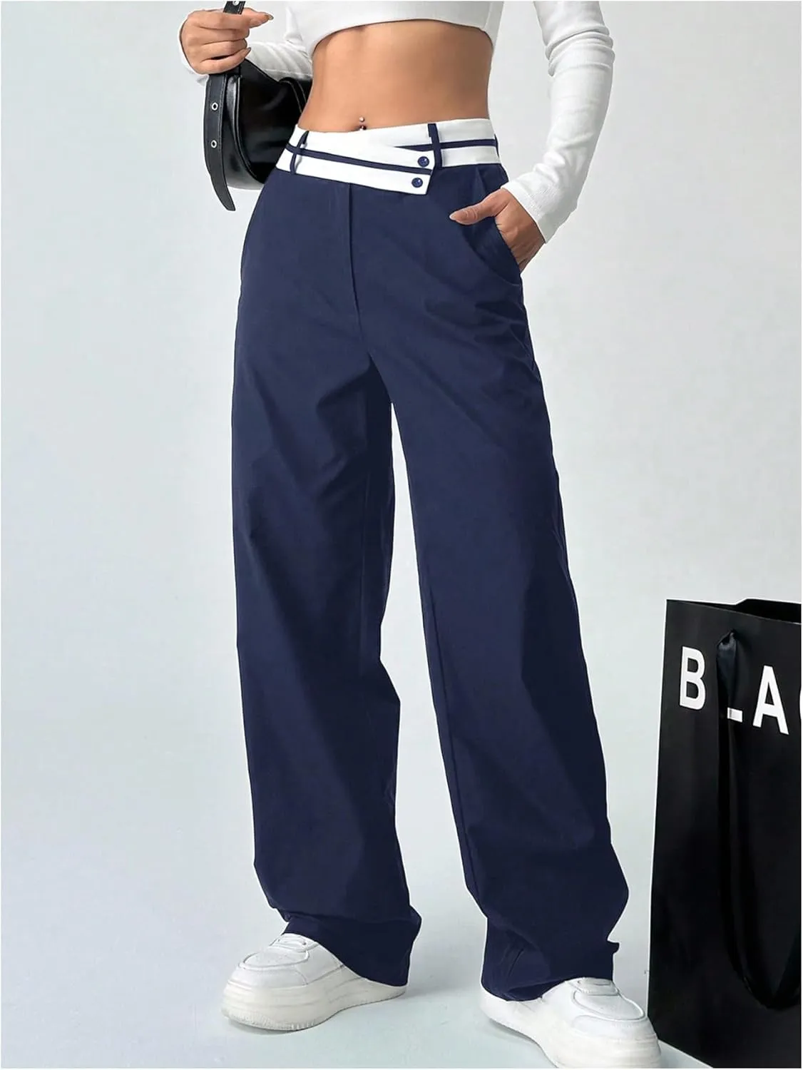 Floerns Women's Asymmetric Waist Zipper Trousers Straight Leg Pants with Pockets