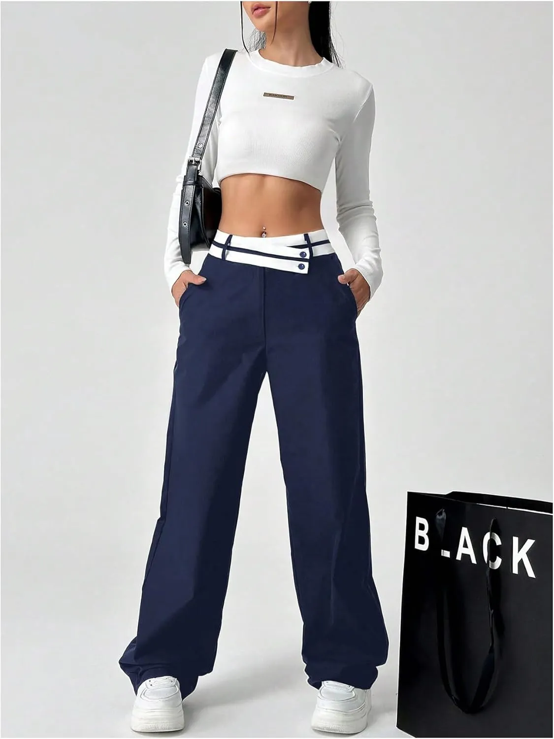 Floerns Women's Asymmetric Waist Zipper Trousers Straight Leg Pants with Pockets