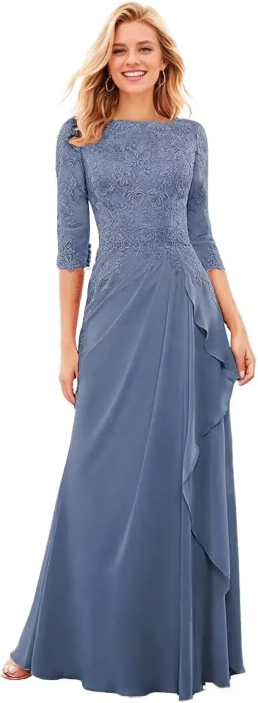 Floral Mother of The Bride Dresses for Wedding 3/4 Sleeves Lace Chiffon Ruffles Formal Dress for Women 2024