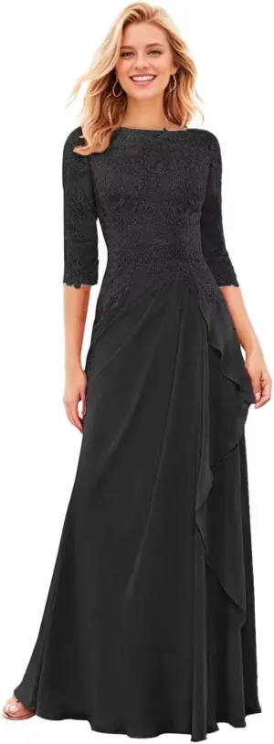 Floral Mother of The Bride Dresses for Wedding 3/4 Sleeves Lace Chiffon Ruffles Formal Dress for Women 2024
