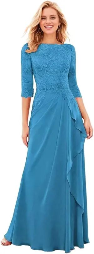 Floral Mother of The Bride Dresses for Wedding 3/4 Sleeves Lace Chiffon Ruffles Formal Dress for Women 2024