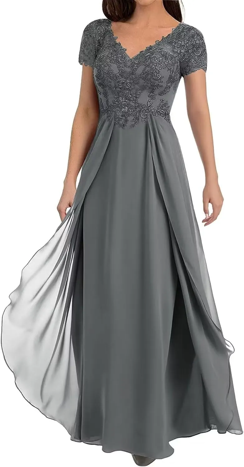Floral Mother of The Bride Dresses for Wedding Short Sleeves Lace Chiffon Long Formal Dress for Women 2024