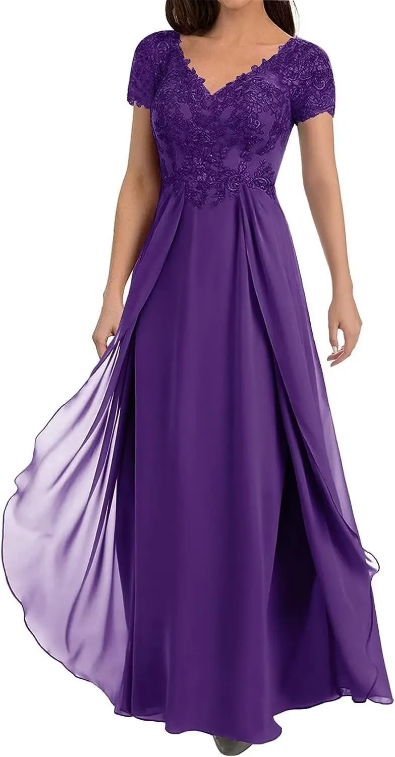 Floral Mother of The Bride Dresses for Wedding Short Sleeves Lace Chiffon Long Formal Dress for Women 2024