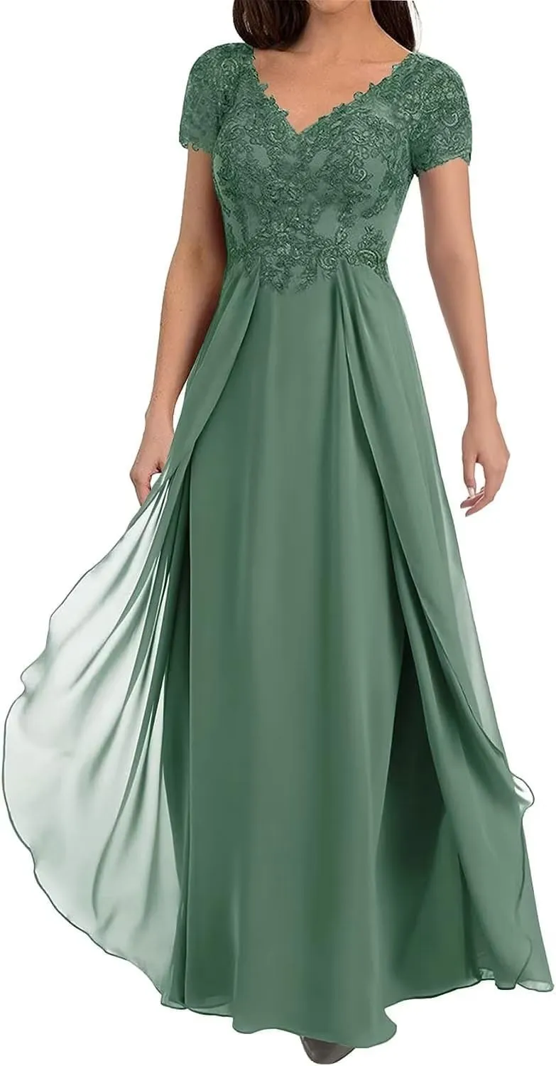 Floral Mother of The Bride Dresses for Wedding Short Sleeves Lace Chiffon Long Formal Dress for Women 2024