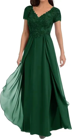 Floral Mother of The Bride Dresses for Wedding Short Sleeves Lace Chiffon Long Formal Dress for Women 2024