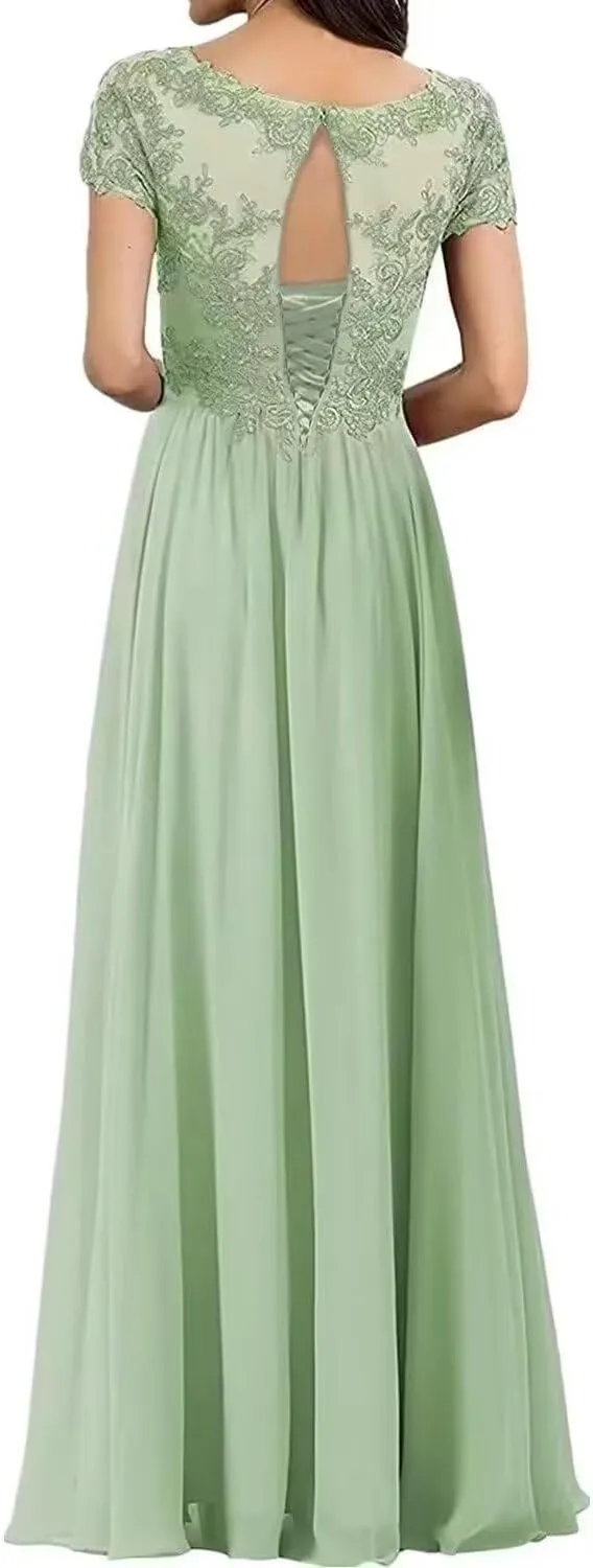 Floral Mother of The Bride Dresses for Wedding Short Sleeves Lace Chiffon Long Formal Dress for Women 2024