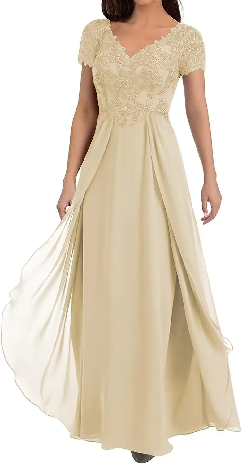Floral Mother of The Bride Dresses for Wedding Short Sleeves Lace Chiffon Long Formal Dress for Women 2024