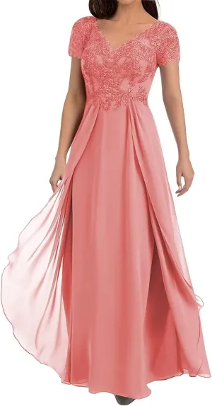 Floral Mother of The Bride Dresses for Wedding Short Sleeves Lace Chiffon Long Formal Dress for Women 2024