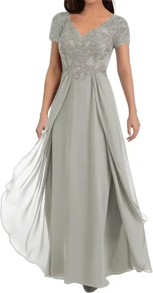 Floral Mother of The Bride Dresses for Wedding Short Sleeves Lace Chiffon Long Formal Dress for Women 2024