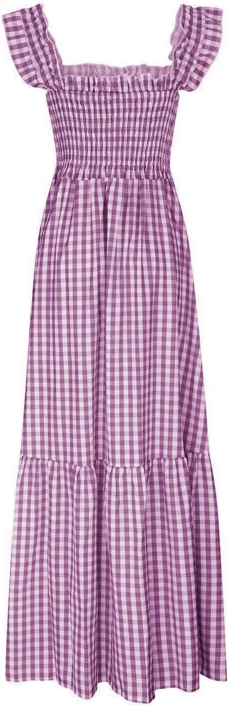 Flowy Dresses for Women Spring Summer Casual Plaid Dresses Smocked Spaghetti Strap Long Dress Vacation Maxi Dress
