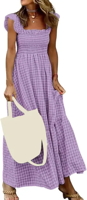 Flowy Dresses for Women Spring Summer Casual Plaid Dresses Smocked Spaghetti Strap Long Dress Vacation Maxi Dress