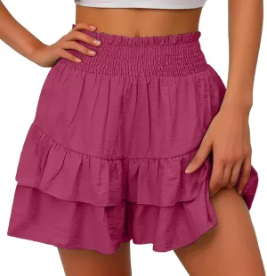 Flowy Shorts for Women 2025 Boho Ruffled Tiered Skorts Casual High Waist Mini Skirts Solid Color Comfy Shorts