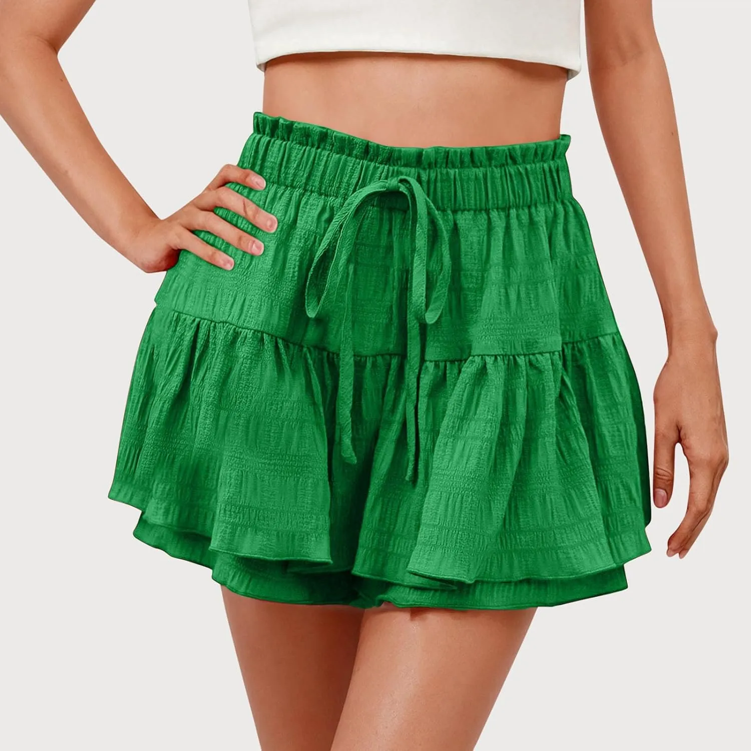 Flowy Shorts for Women Casual Boho Ruffle Tiered Skorts High Waisted Drawstring Mini Skirts Tennis Comfy Shorts 2025