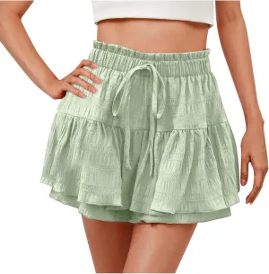 Flowy Shorts for Women Casual Boho Ruffle Tiered Skorts High Waisted Drawstring Mini Skirts Tennis Comfy Shorts 2025
