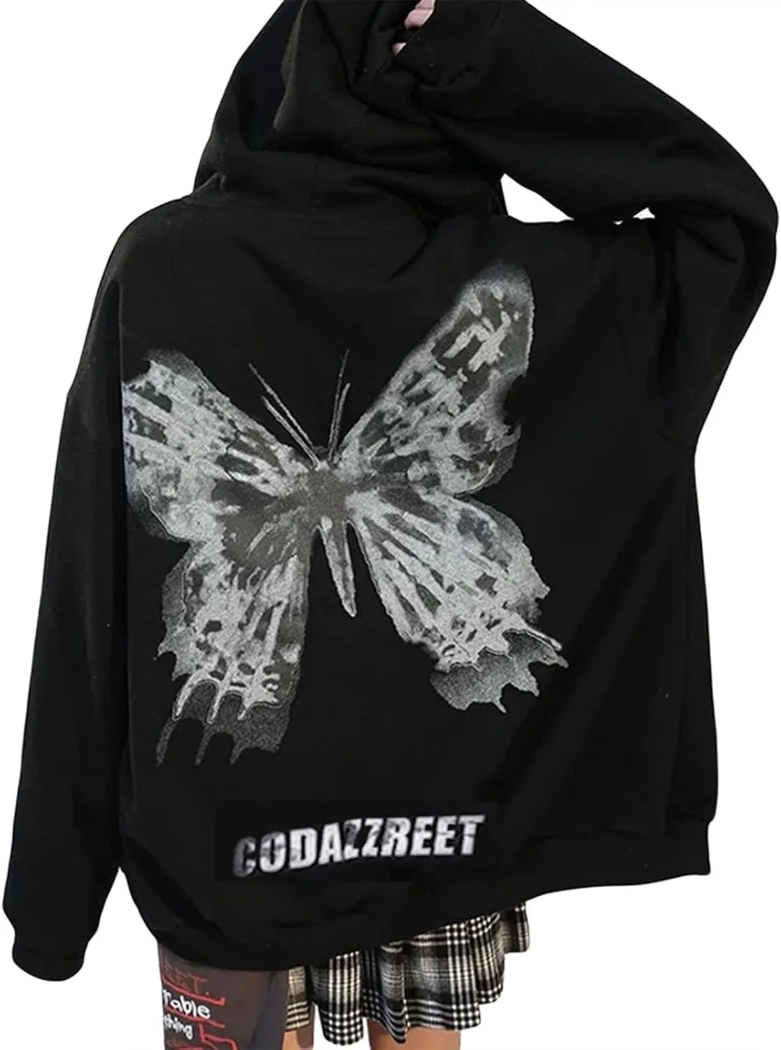 FOMOYUU Women Oversized Zip Up Hoodie Vintage Graphic Print Long Sleeve Hooded Sweatshirt Goth Punk Pullover Jacket Coat