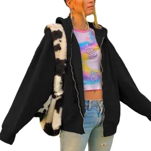 FOMOYUU Women Oversized Zip Up Hoodie Vintage Graphic Print Long Sleeve Hooded Sweatshirt Goth Punk Pullover Jacket Coat