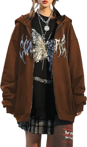 FOMOYUU Women Oversized Zip Up Hoodie Vintage Graphic Print Long Sleeve Hooded Sweatshirt Goth Punk Pullover Jacket Coat