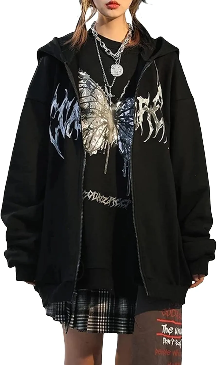 FOMOYUU Women Oversized Zip Up Hoodie Vintage Graphic Print Long Sleeve Hooded Sweatshirt Goth Punk Pullover Jacket Coat