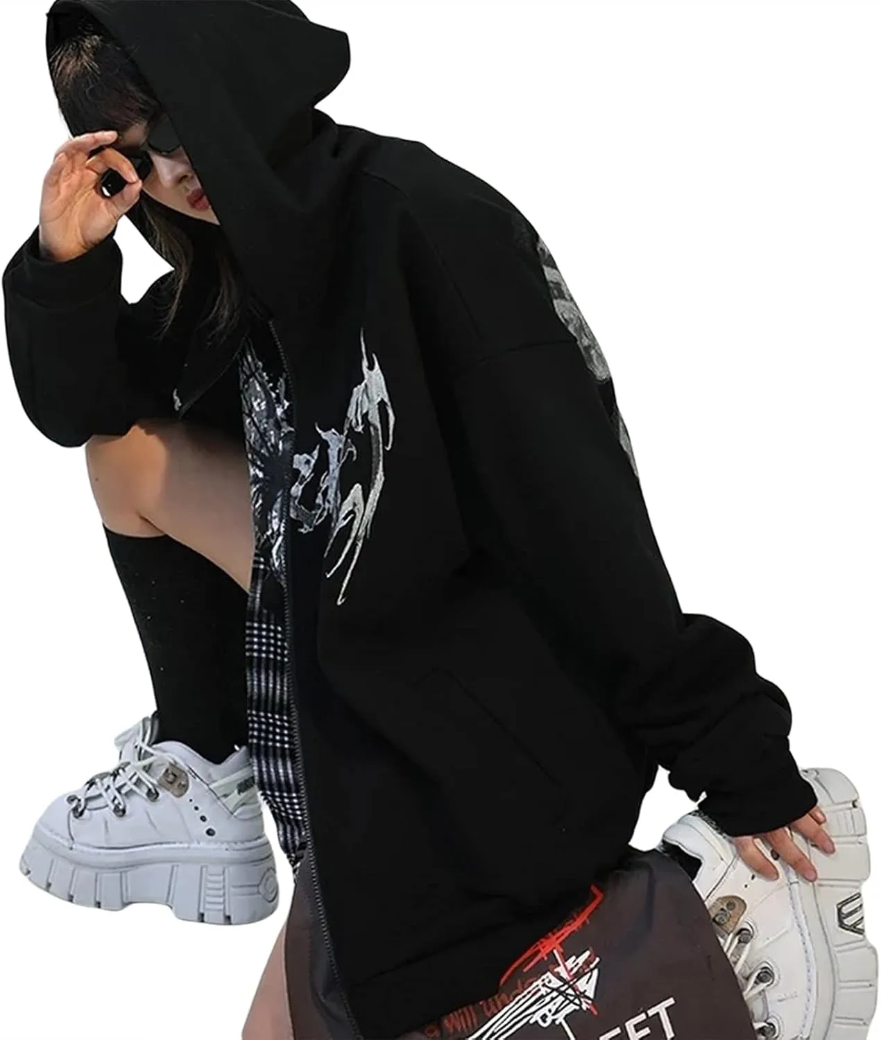 FOMOYUU Women Oversized Zip Up Hoodie Vintage Graphic Print Long Sleeve Hooded Sweatshirt Goth Punk Pullover Jacket Coat
