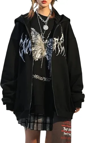 FOMOYUU Women Oversized Zip Up Hoodie Vintage Graphic Print Long Sleeve Hooded Sweatshirt Goth Punk Pullover Jacket Coat