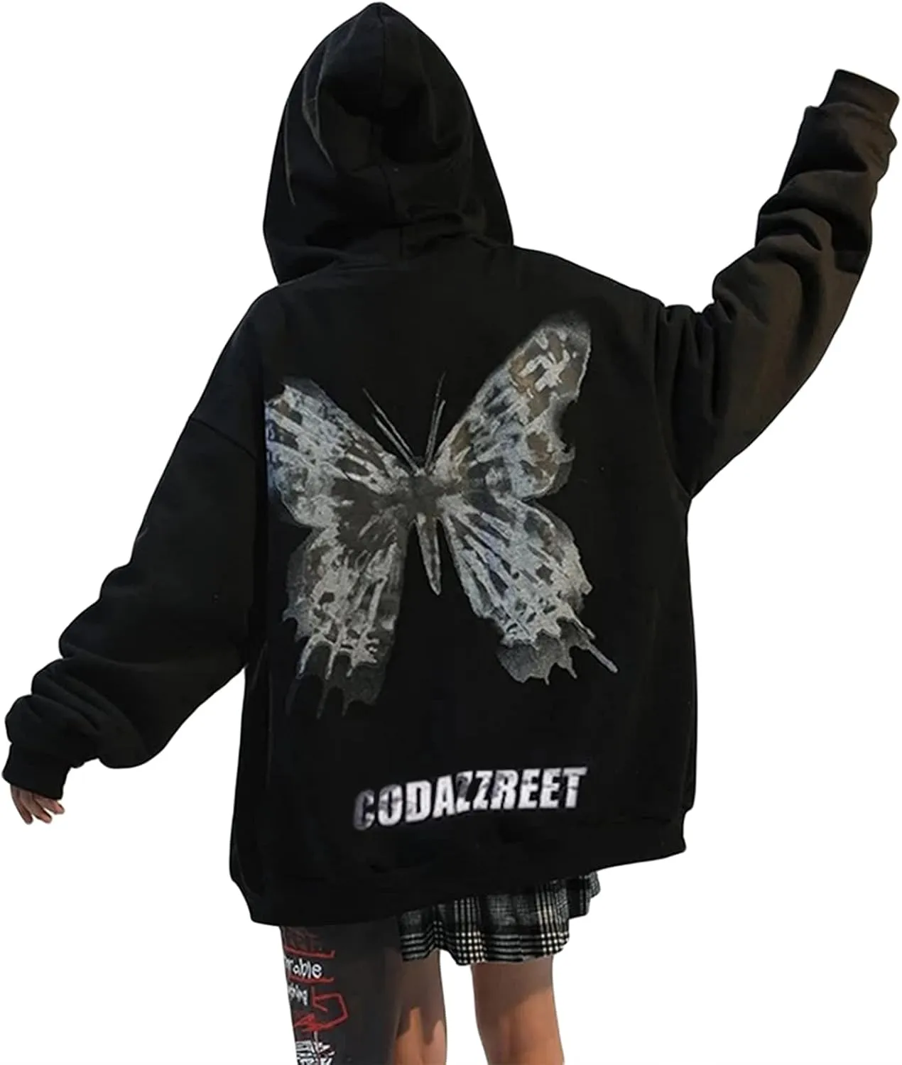 FOMOYUU Women Oversized Zip Up Hoodie Vintage Graphic Print Long Sleeve Hooded Sweatshirt Goth Punk Pullover Jacket Coat