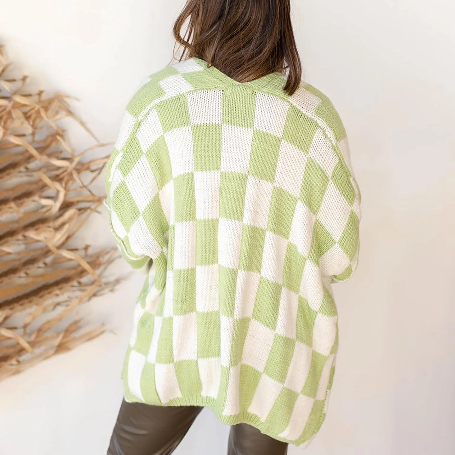 Giraropa Women Checkered Cardigan 2024 Long Sleeve Open Front Loose Knit Sweater Oversized Lightweight Cardigans Outwear
