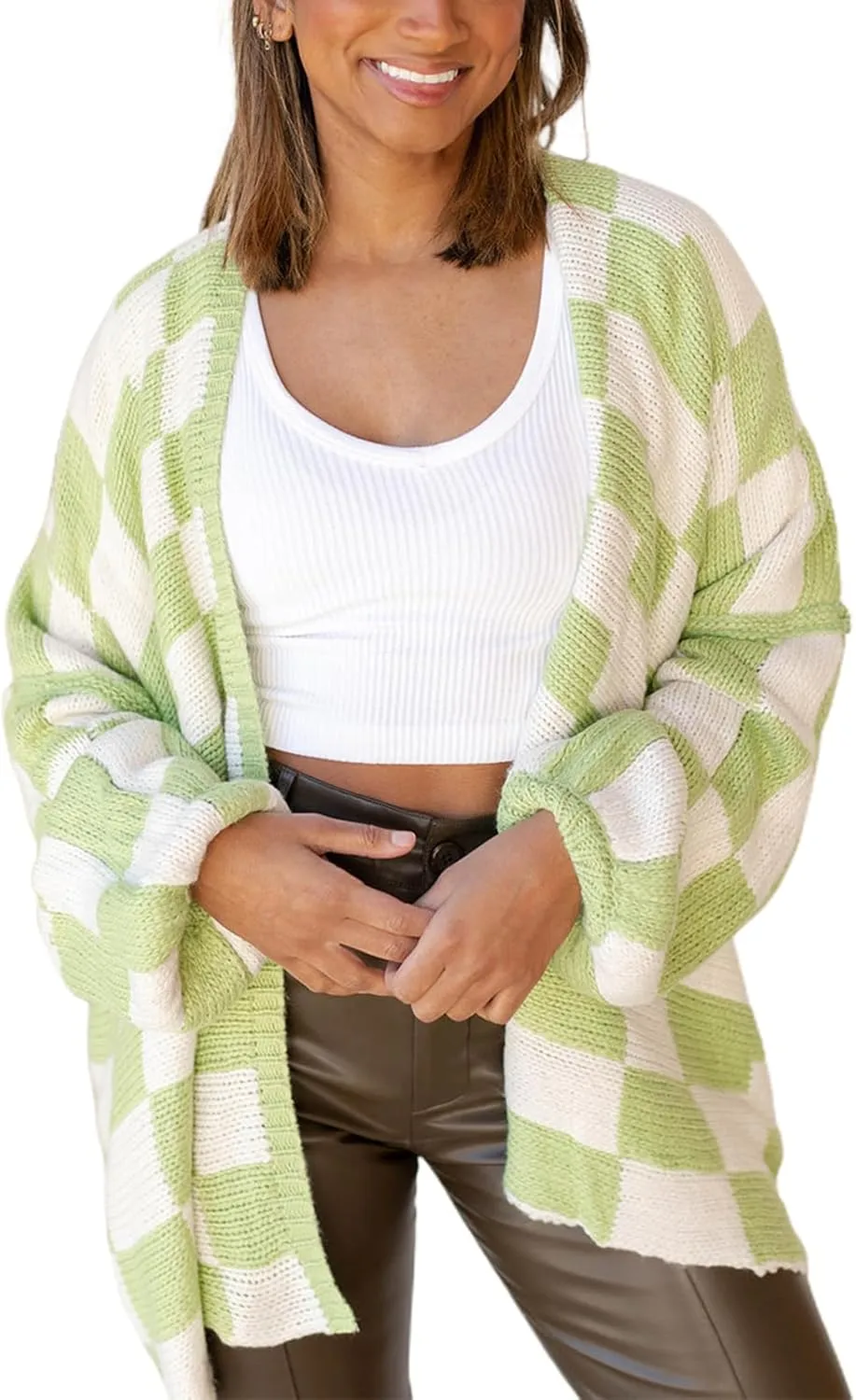 Giraropa Women Checkered Cardigan 2024 Long Sleeve Open Front Loose Knit Sweater Oversized Lightweight Cardigans Outwear