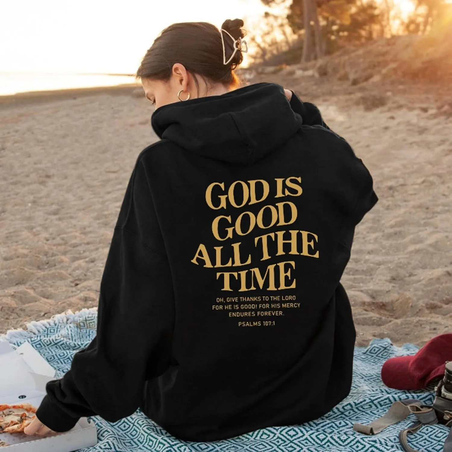 God is Good All The Time Christian Graphic Hoodies Women Oversize Pullover Tops with Pocket Drop Shoulder Fleece Sweatshirt