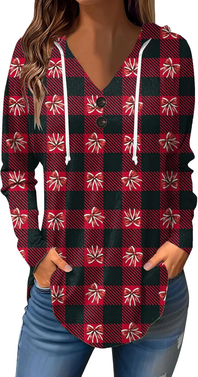 GOFULY Christmas Hoodie Womens Winter Oversized Button Shirt Drawstring Xmas Print Trendy Fall Tunic Tops Christmas Clothes