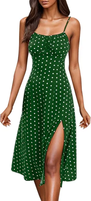 GOKKILRW Summer Dresses for Women 2025 Beach Midi Dress Spaghetti Strap Polka Dot A Line Flowy Dress for Party Graduation