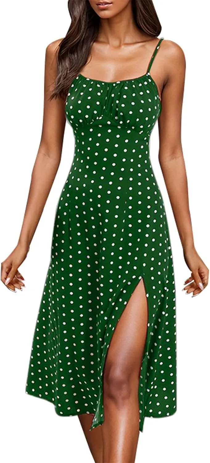 GOKKILRW Summer Dresses for Women 2025 Beach Midi Dress Spaghetti Strap Polka Dot A Line Flowy Dress for Party Graduation