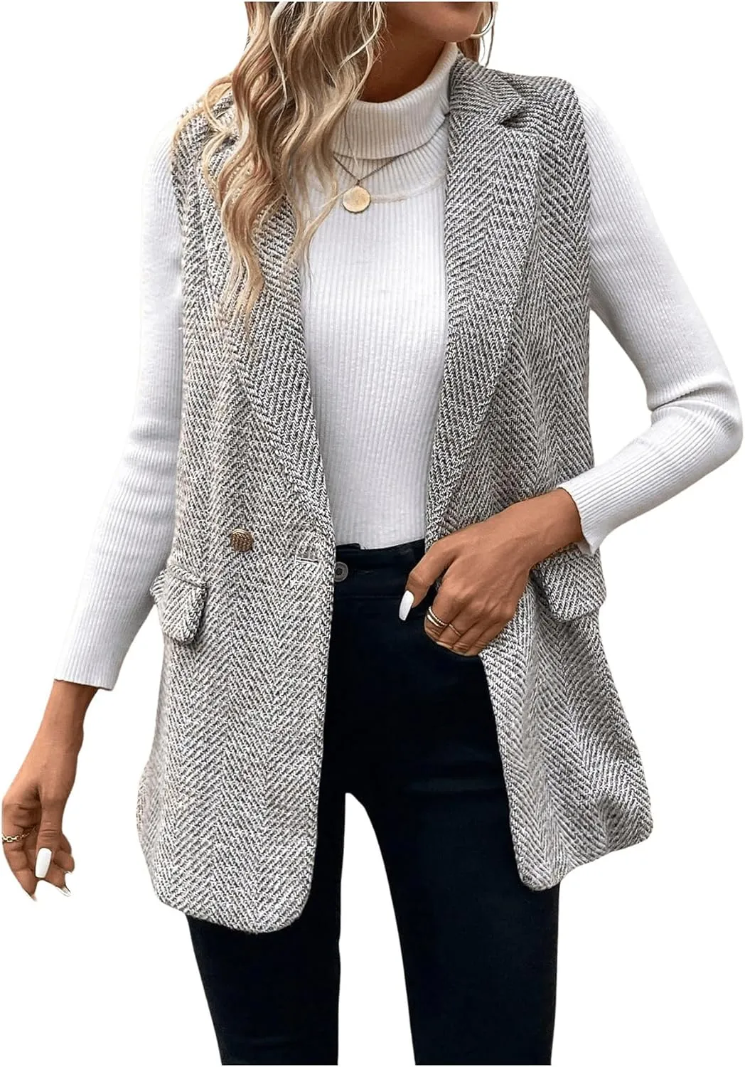 GORGLITTER Women's Sleeveless Long Blazer Vest Jacket Breasted Open Front Tweed Longline Cardigan