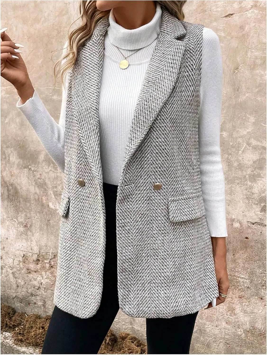 GORGLITTER Women's Sleeveless Long Blazer Vest Jacket Breasted Open Front Tweed Longline Cardigan