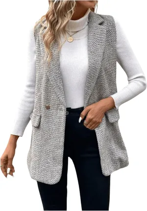 GORGLITTER Women's Sleeveless Long Blazer Vest Jacket Breasted Open Front Tweed Longline Cardigan