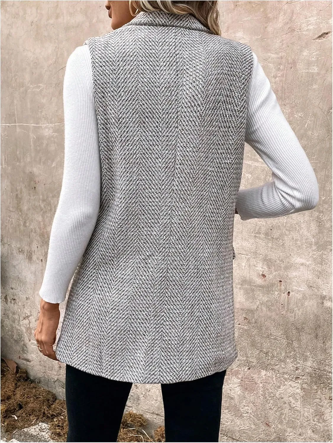 GORGLITTER Women's Sleeveless Long Blazer Vest Jacket Breasted Open Front Tweed Longline Cardigan