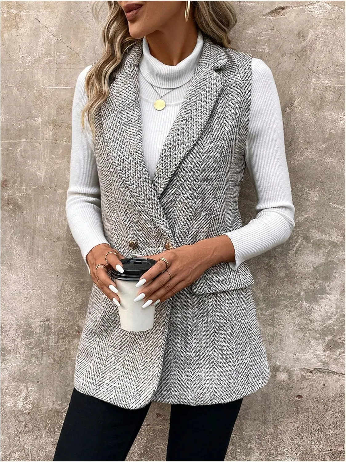 GORGLITTER Women's Sleeveless Long Blazer Vest Jacket Breasted Open Front Tweed Longline Cardigan