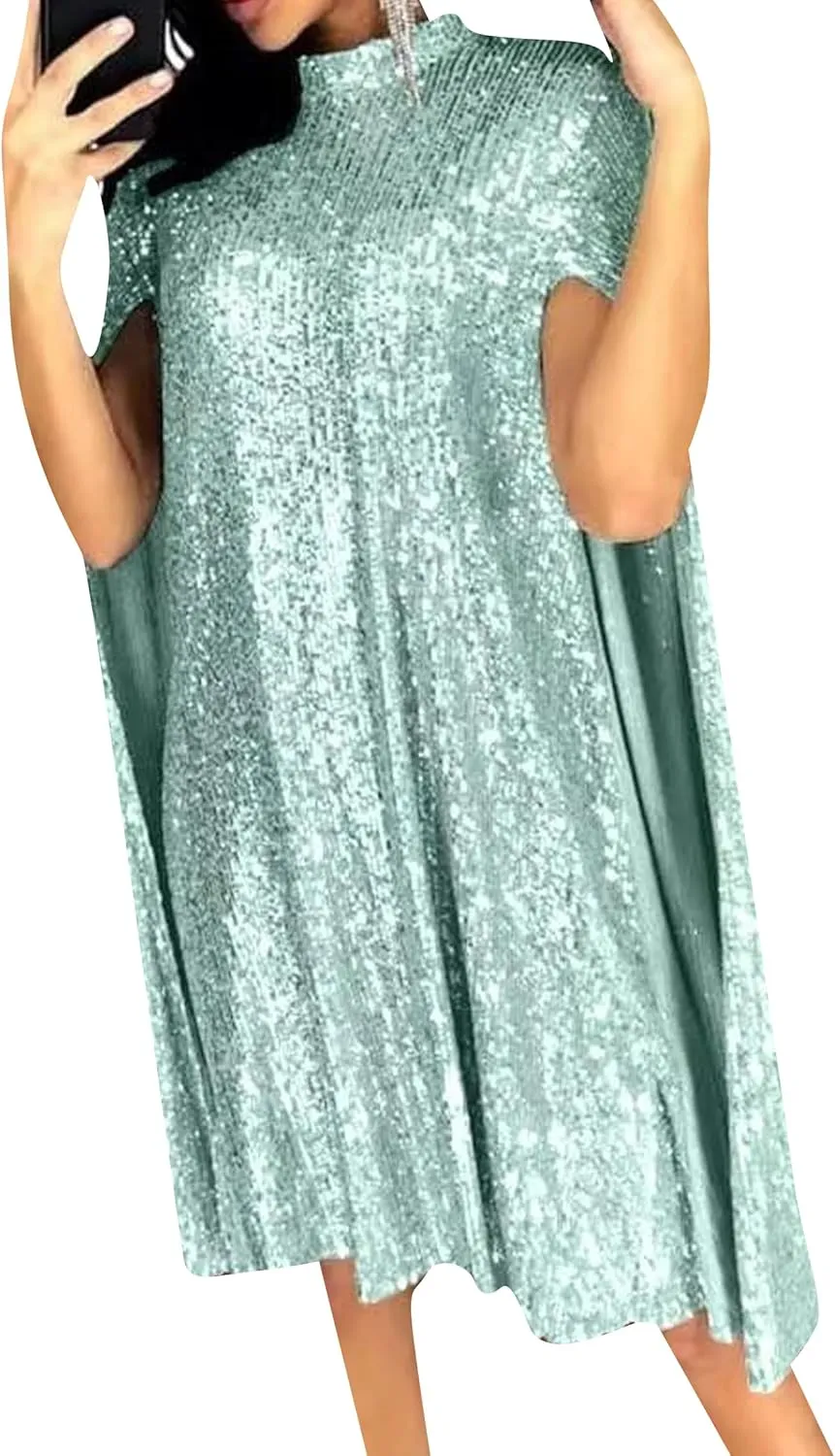 GORIFE Women's Sparkly Sheer Mock Neck Cape Mini Shiny Dress Party Sequin Split Cloak Glitter Loose Dress