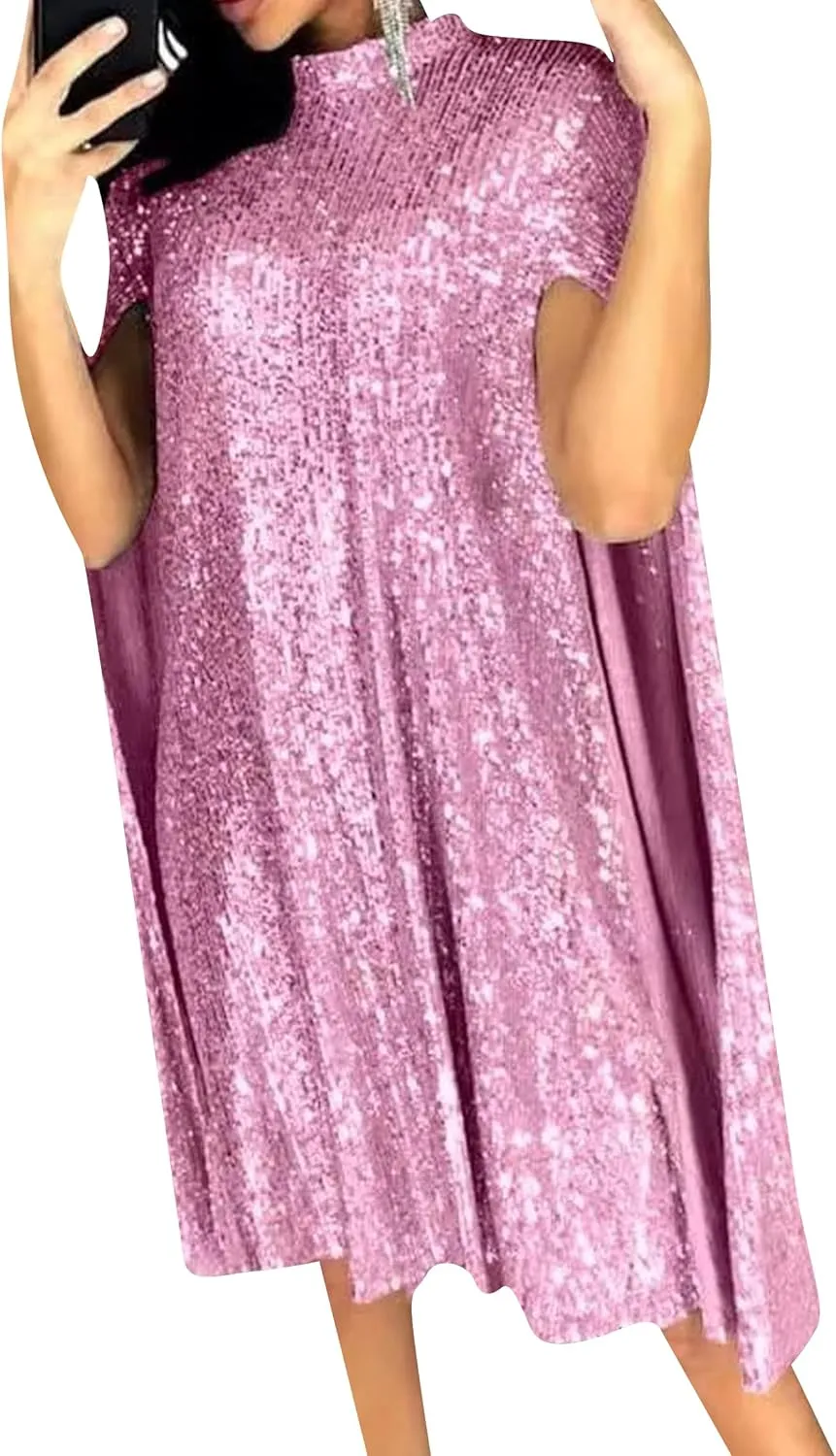 GORIFE Women's Sparkly Sheer Mock Neck Cape Mini Shiny Dress Party Sequin Split Cloak Glitter Loose Dress