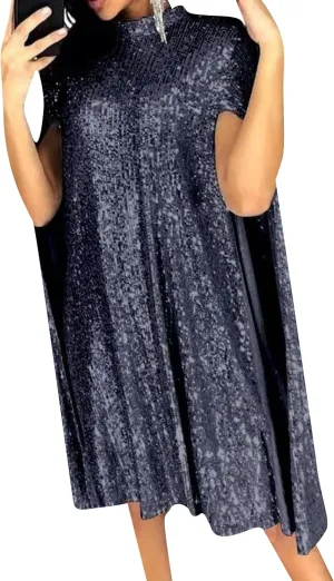 GORIFE Women's Sparkly Sheer Mock Neck Cape Mini Shiny Dress Party Sequin Split Cloak Glitter Loose Dress