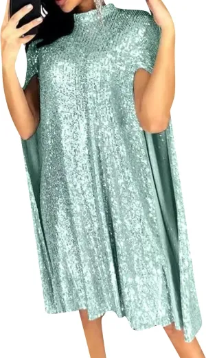 GORIFE Women's Sparkly Sheer Mock Neck Cape Mini Shiny Dress Party Sequin Split Cloak Glitter Loose Dress